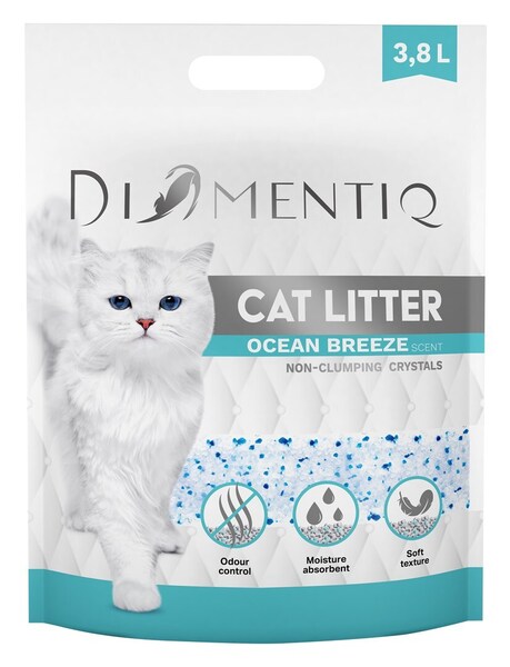 DIAMENTIQ Ocean Breeze silikageeli -paakkuuntumaton kissanhiekka, hajustettu, 3,8 l