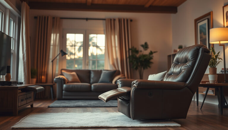 Nahkaverhoiltu tv-tuoli olohuoneessa television edessä iltaisin valaistuna