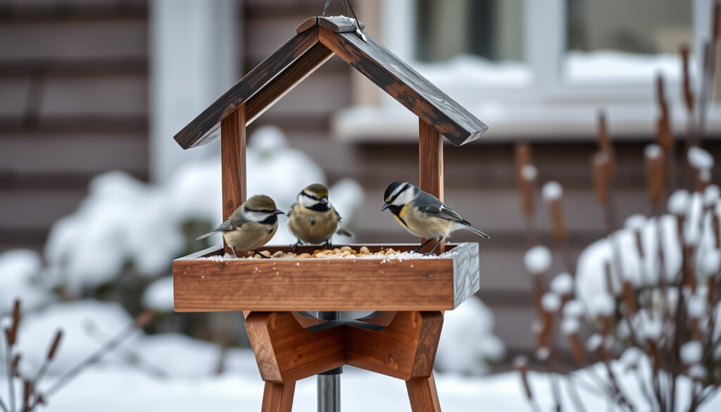 Puuinen katollinen lintulauta lumisessa pihamaassa, jossa talvilinnut syövät siemeniä.
