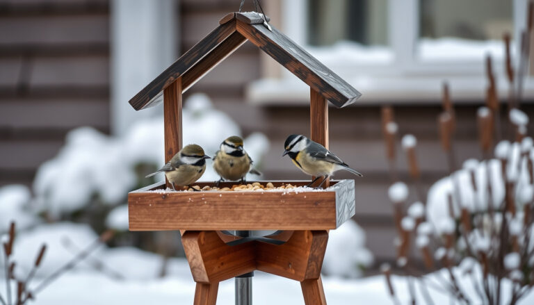 Puuinen katollinen lintulauta lumisessa pihamaassa, jossa talvilinnut syövät siemeniä.