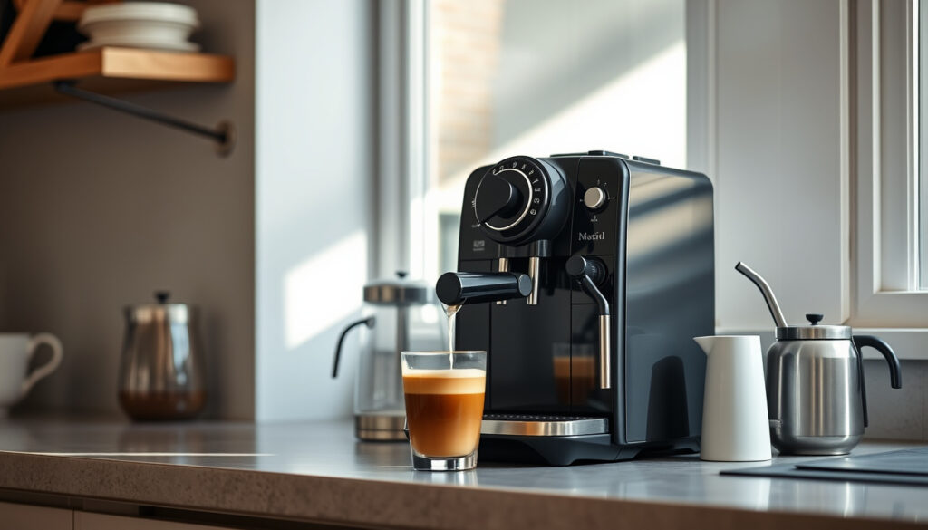 Kotikeittiön tiskille asetettu täysautomaattinen papukahvikone, jonka äärestä kaadetaan vastavalmistunutta cappuccinoa kuppillle.