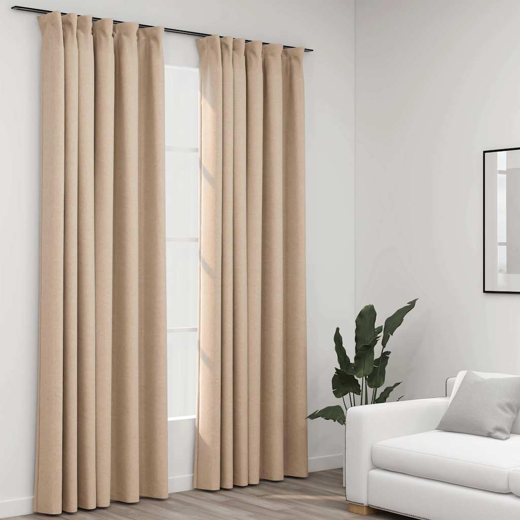 vidaXL Pellavamaiset pimennysverhot koukuilla beige 140x225 cm